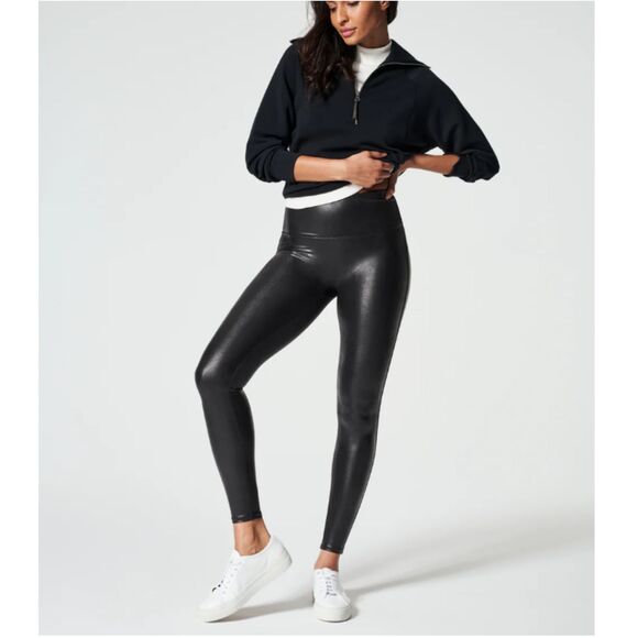 Spanx Women's Sz Small Black Faux Leather Stretch Pull On Leggings High Waisted - Picture 2 of 8